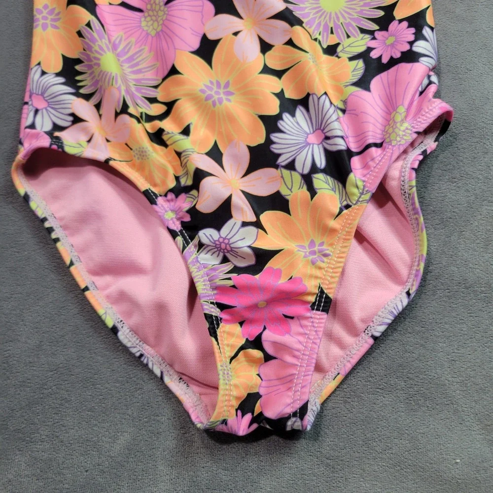 Wonder Nation‎ Girls Floral One Piece Swimsuit Ruffle Pink Orange Black Size 7-8